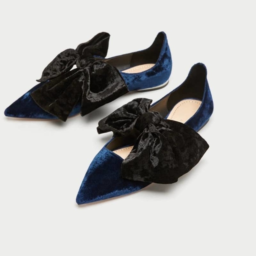 ZARA NAVY BLUE BLACK BOW VELVET BALLERINA FLAT SHOES. 6, 6.5. NIB